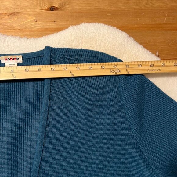 VTG Rodier Teal Blue Wool Blend LS Padded Button Cardigan Sweater Size Large - Picture 9 of 11